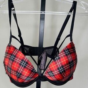 Victorias Secret Plaid Push Up Bra 36D Black Lace‎ Strappy Cage Red Festive